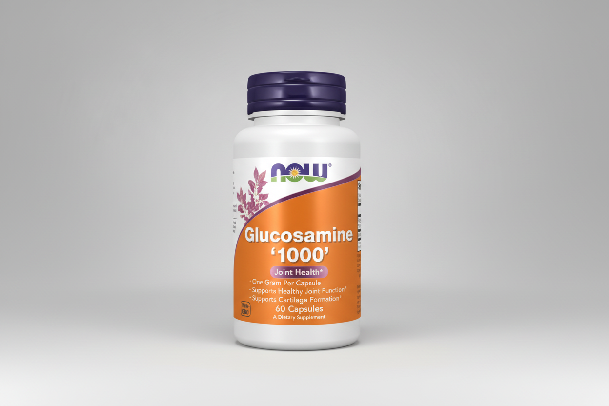 Supplement bottle labeled 'Glucosamine 1000' by NOW on a white background