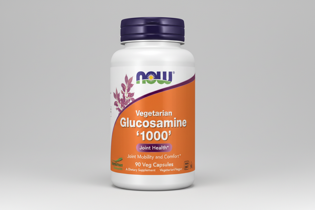 Supplement bottle labeled 'Vegetarian Glucosamine 1000' by NOW on a white background