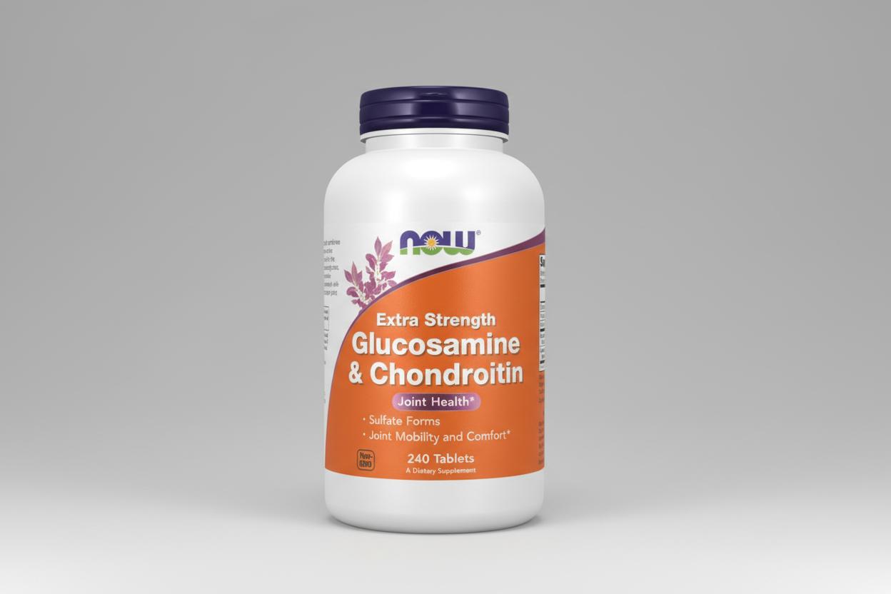 Supplement bottle labeled 'Extra Strength Glucosamine & Chondroitin' with NOW brand on a white background