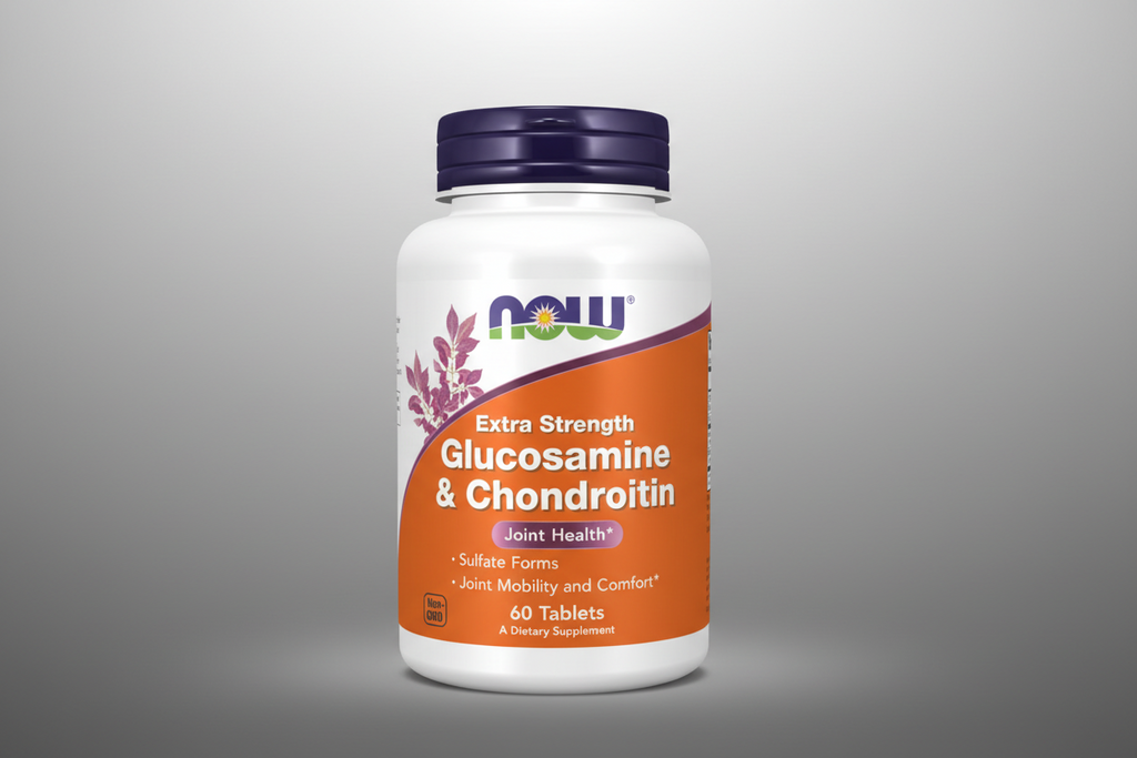 Supplement bottle of Extra Strength Glucosamine & Chondroitin by NOW on a white background