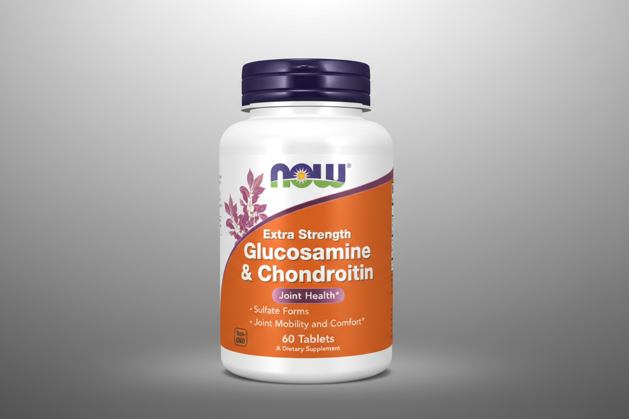 Supplement bottle of Extra Strength Glucosamine & Chondroitin by NOW on a white background