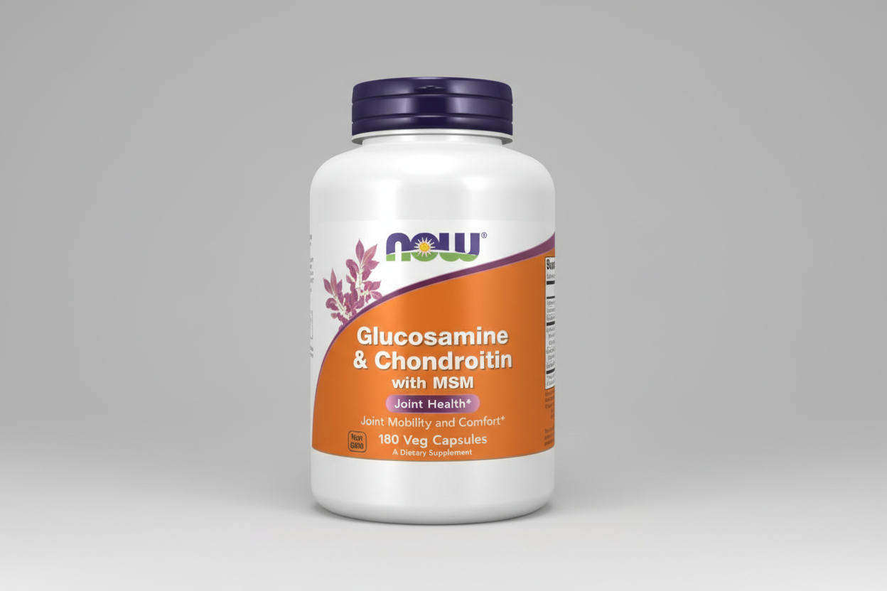 Supplement bottle labeled 'Glucosamine & Chondroitin with MSM' by NOW on a white background