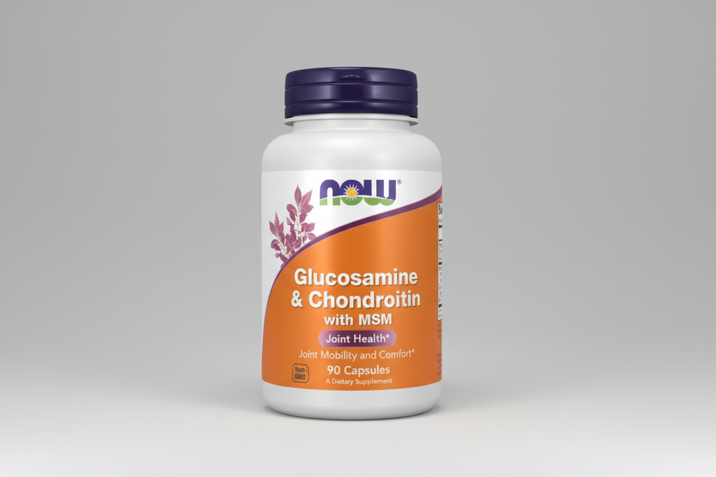 Supplement bottle labeled 'Glucosamine & Chondroitin with MSM' by NOW on a white background
