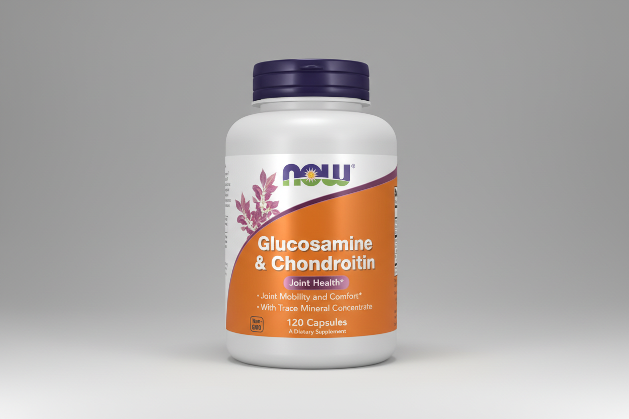 Supplement bottle labeled 'Glucosamine & Chondroitin' by NOW on a white background