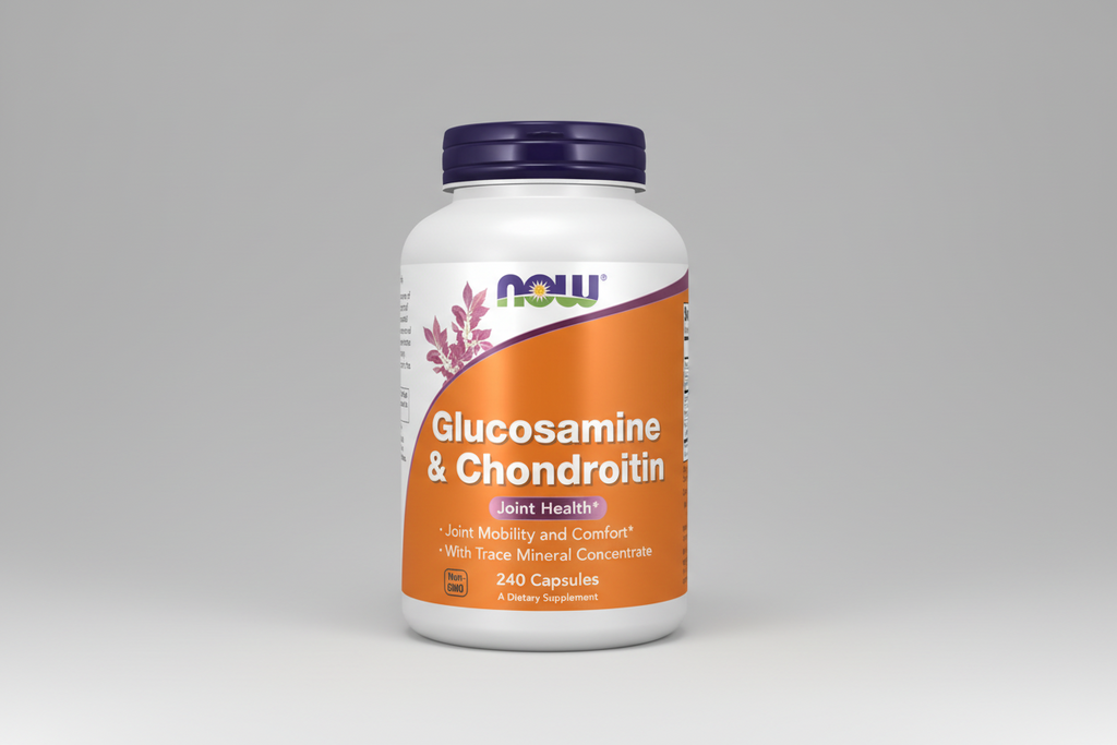 Supplement bottle labeled 'Glucosamine & Chondroitin' by NOW on a white background