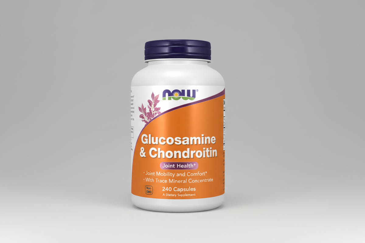 Supplement bottle labeled 'Glucosamine & Chondroitin' by NOW on a white background
