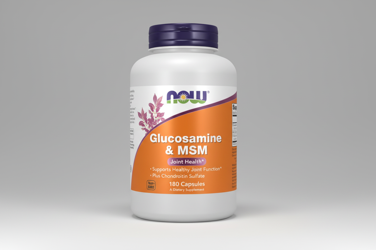Supplement bottle labeled 'Glucosamine & MSM' by NOW on a white background