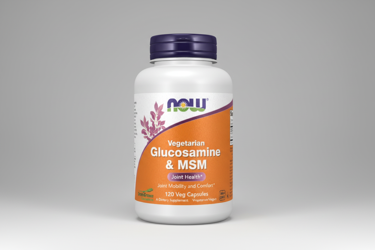 Supplement bottle labeled 'Vegetarian Glucosamine & MSM' by NOW on a white background