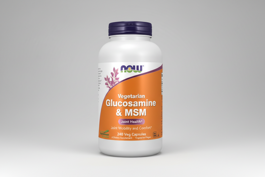 Supplement bottle labeled 'Vegetarian Glucosamine & MSM' by NOW on a white background
