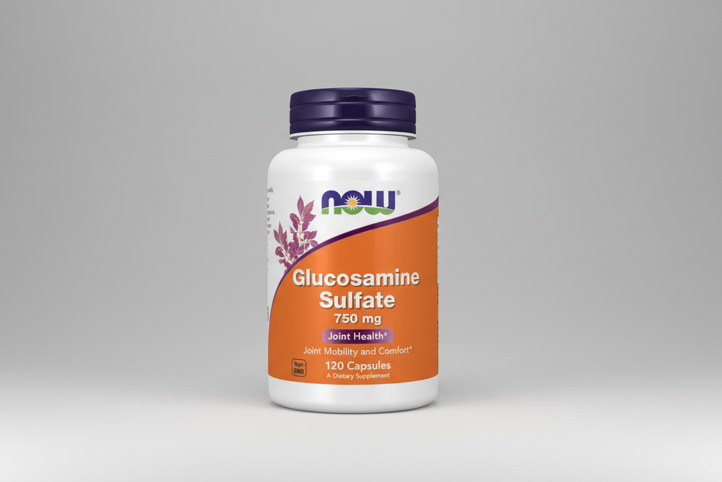 Supplement bottle of Glucosamine Sulfate 750 mg by NOW on a white background