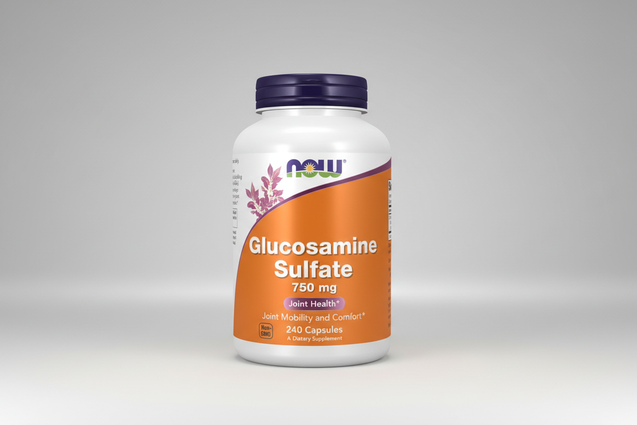 Supplement bottle of Glucosamine Sulfate 750 mg by NOW on a white background