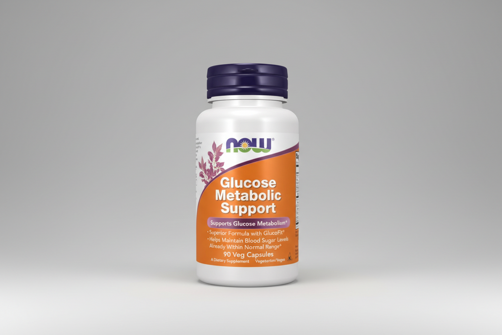 Supplement bottle labeled 'Glucose Metabolic Support' by NOW on a white background