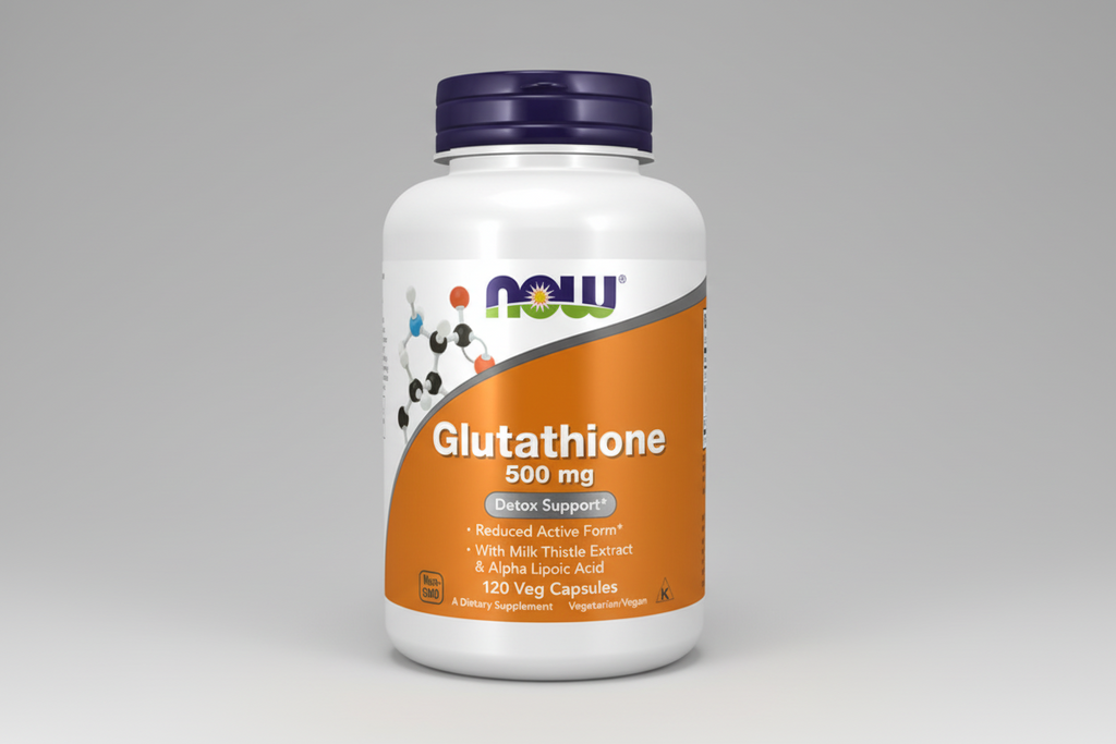 Supplement bottle labeled 'Glutathione 500 mg' with NOW brand on a white background