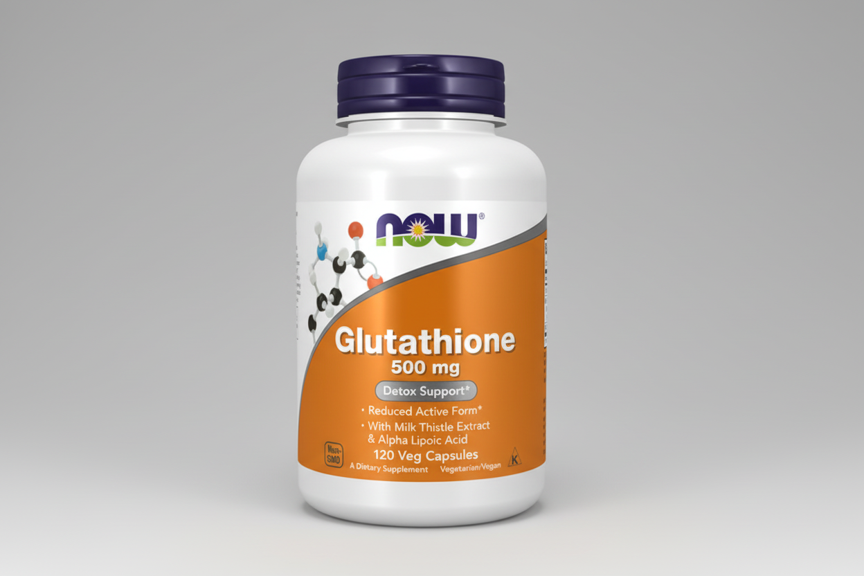 Supplement bottle labeled 'Glutathione 500 mg' with NOW brand on a white background
