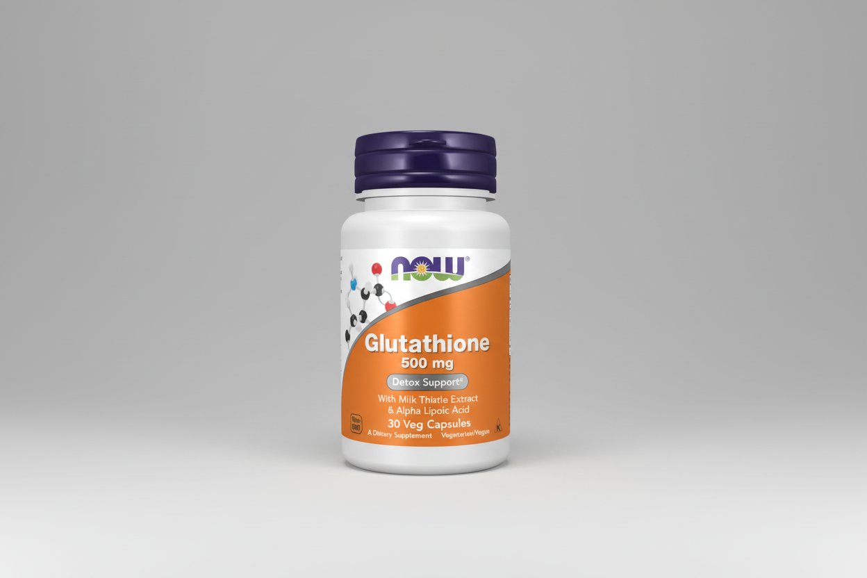 Supplement bottle labeled 'Glutathione 500 mg' with Now brand on a white background