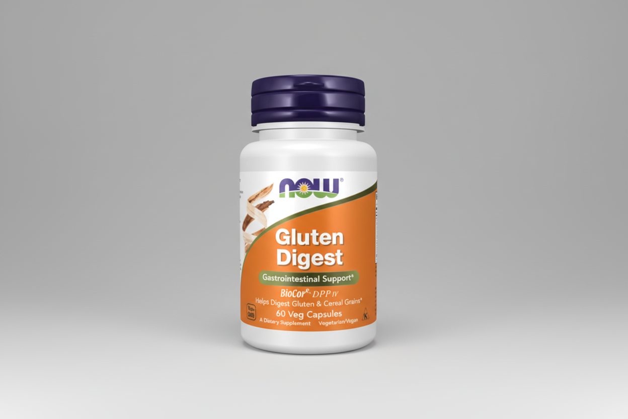 Supplement bottle labeled 'Gluten Digest' on a white background