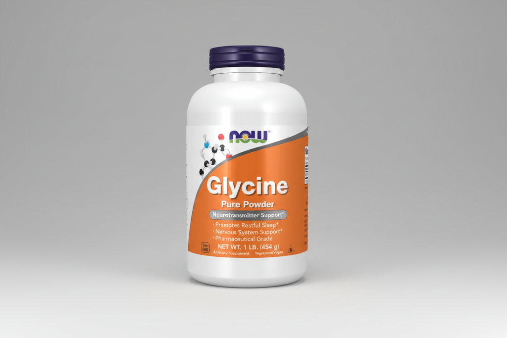 Supplement bottle labeled 'Glycine Pure Powder' by NOW on a white background