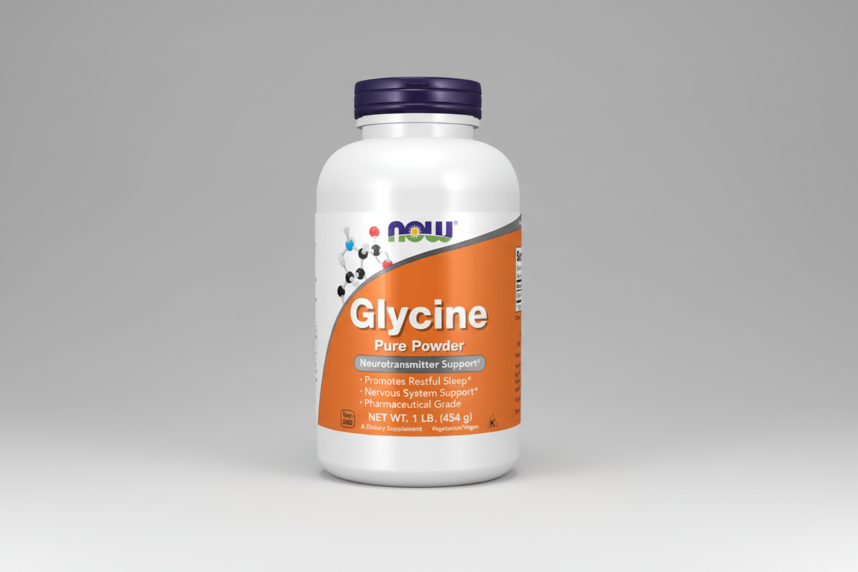 Supplement bottle labeled 'Glycine Pure Powder' by NOW on a white background