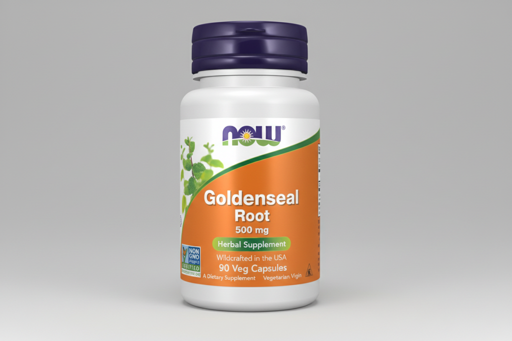 Goldenseal Root supplement bottle with label on a white background