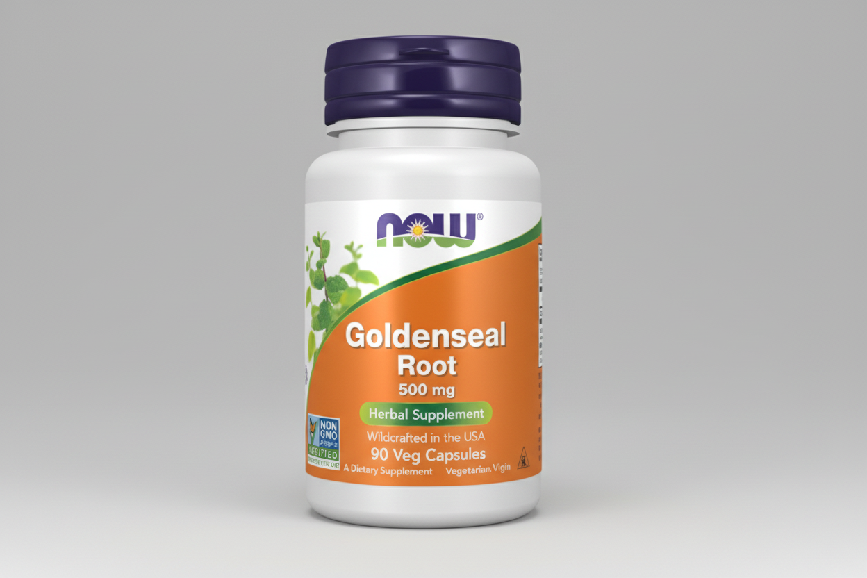 Goldenseal Root supplement bottle with label on a white background