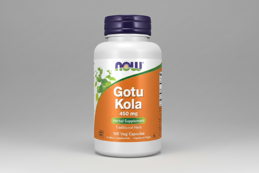 Supplement bottle of Gotu Kola with Now brand on a white background