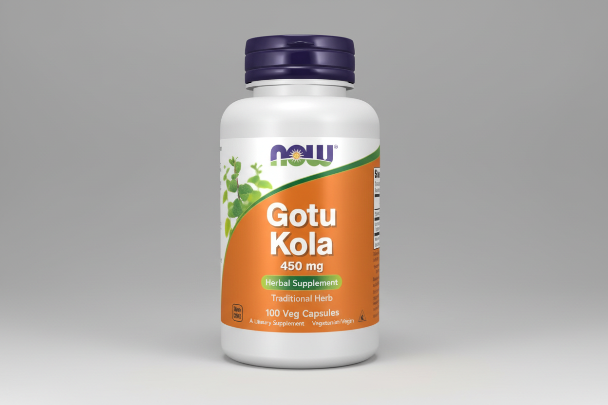 Supplement bottle of Gotu Kola with Now brand on a white background