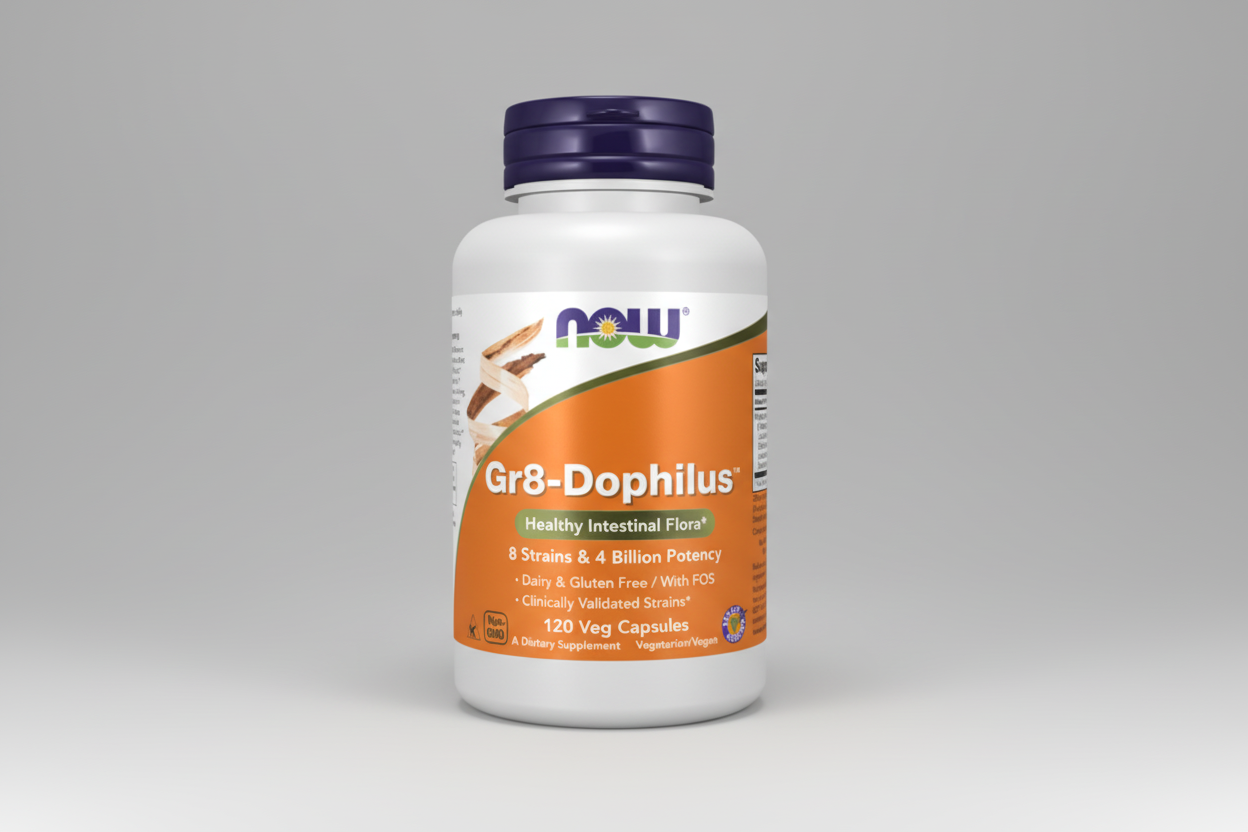 Supplement bottle labeled 'Gr8-Dophilus' by NOW on a white background