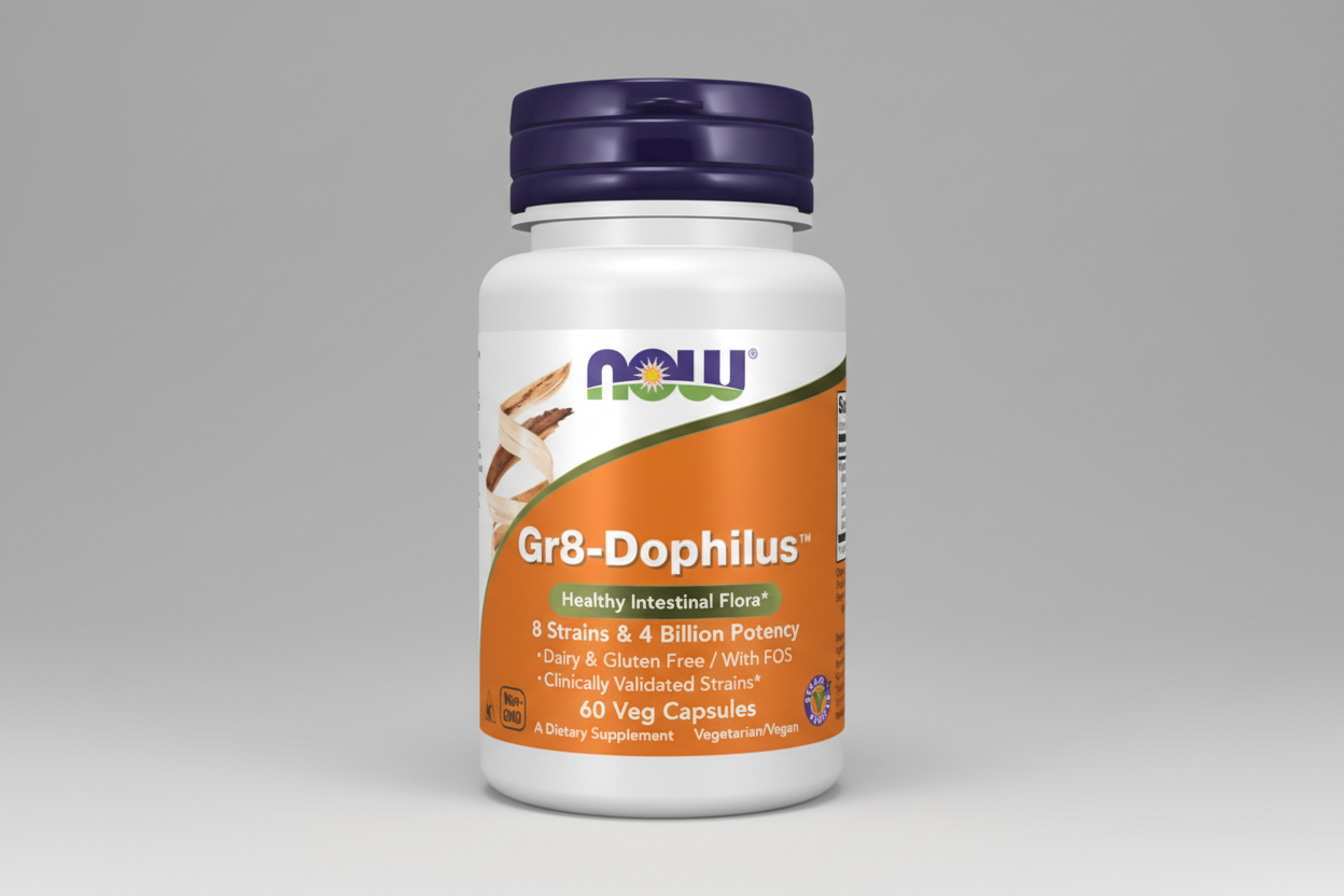 Supplement bottle labeled 'Gr8-Dophilus' with NOW brand on a white background