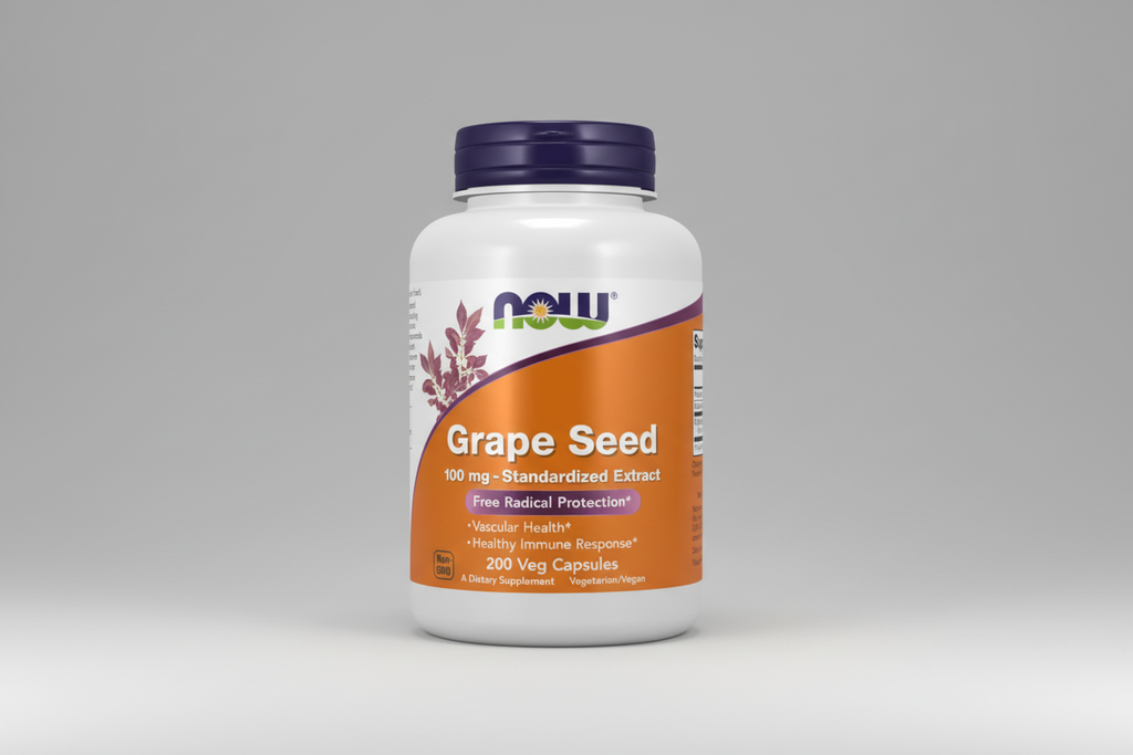 Supplement bottle labeled 'Grape Seed' with NOW brand on a white background