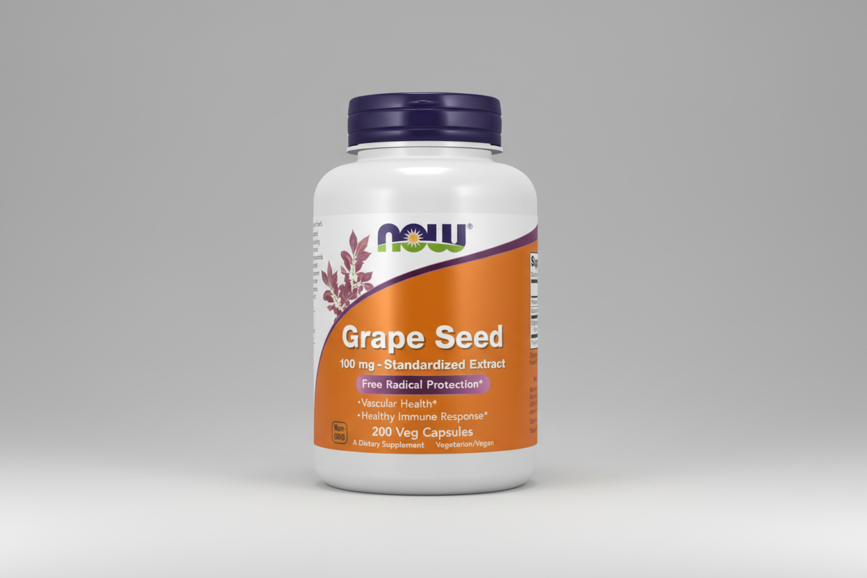 Supplement bottle labeled 'Grape Seed' with NOW brand on a white background