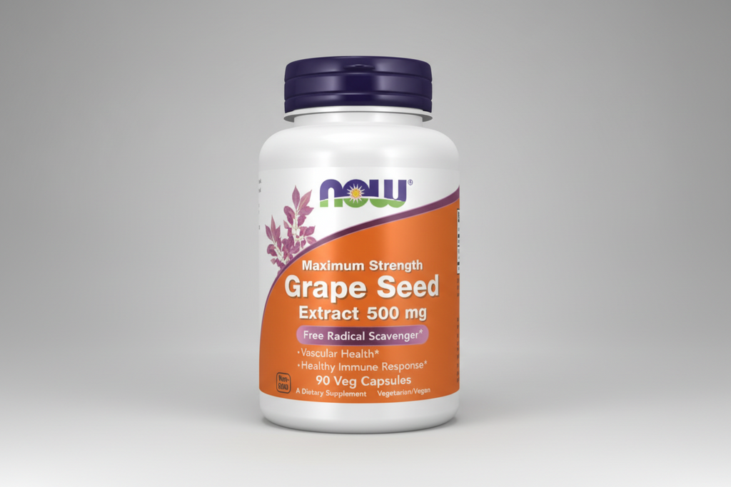 Supplement bottle of NOW Maximum Strength Grape Seed Extract 500 mg on a white background