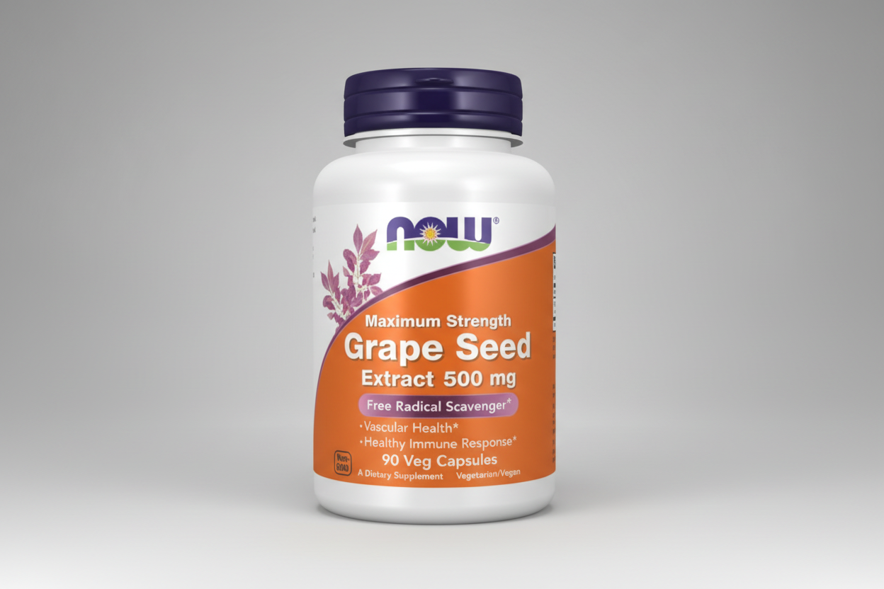 Supplement bottle of NOW Maximum Strength Grape Seed Extract 500 mg on a white background