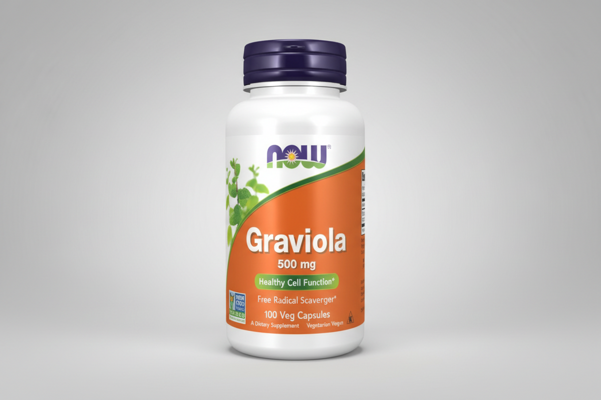 Graviola supplement bottle with Now label on a white background