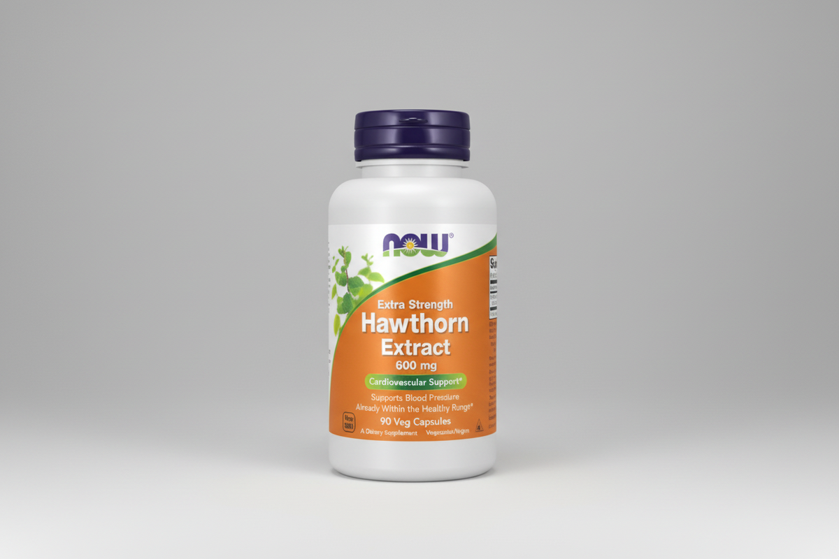 Supplement bottle labeled 'Extra Strength Hawthorn Extract' by NOW on a white background