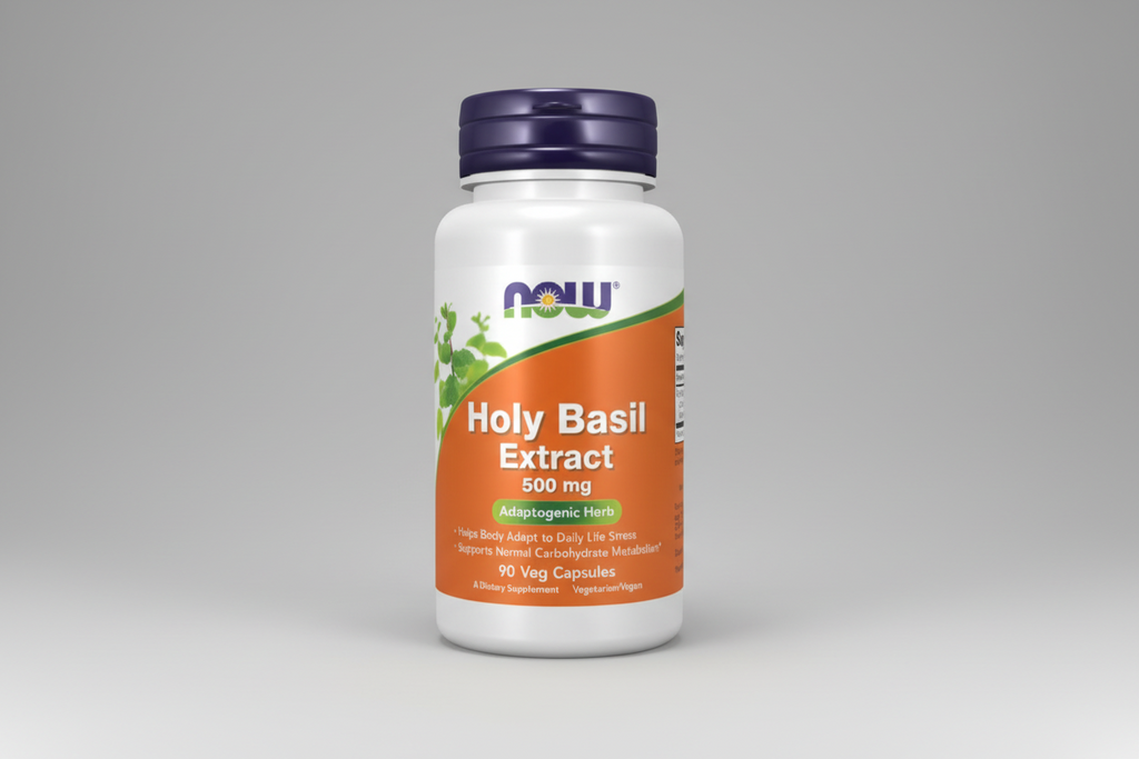 Vitamins bottle labeled 'Holy Basil Extract' with NOW brand on a white background