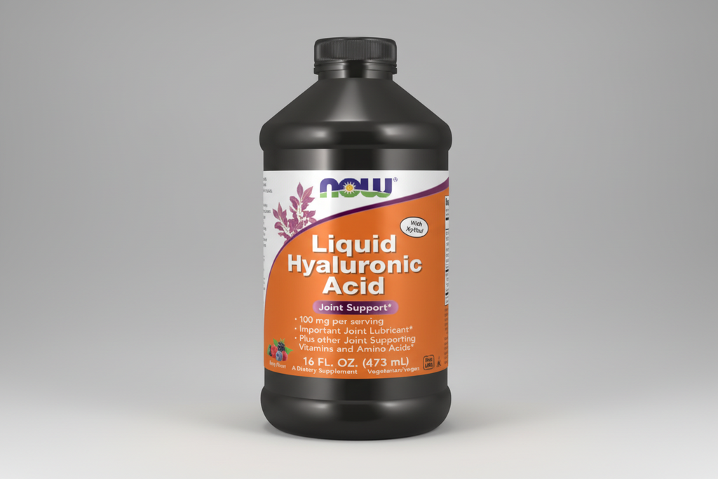Bottle of NOW Liquid Hyaluronic Acid on a white background