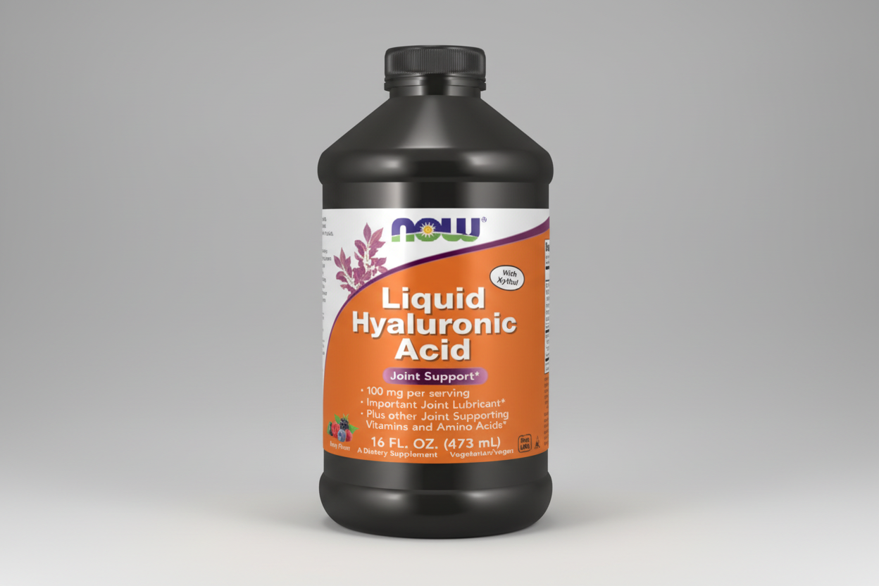 Bottle of NOW Liquid Hyaluronic Acid on a white background