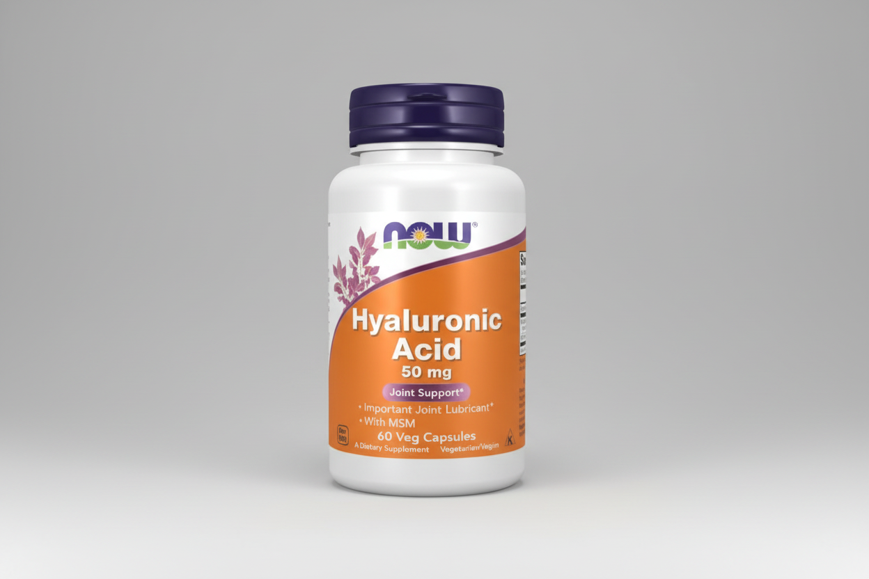 Supplement bottle labeled 'Hyaluronic Acid' with NOW brand on a white background