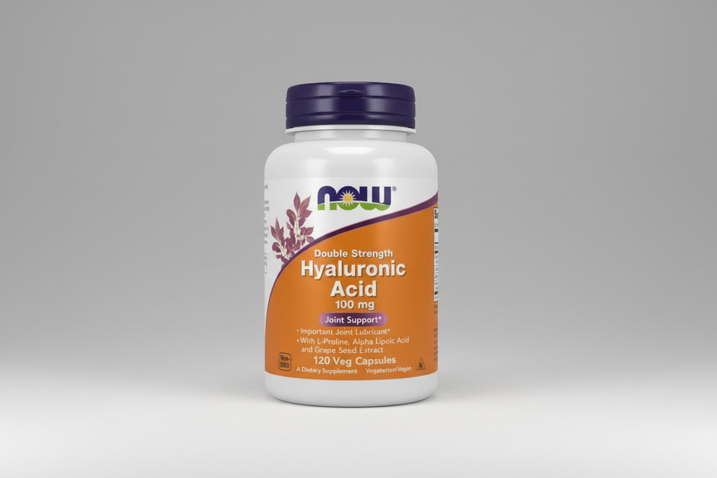 Supplement bottle of Double Strength Hyaluronic Acid with NOW brand on a white background