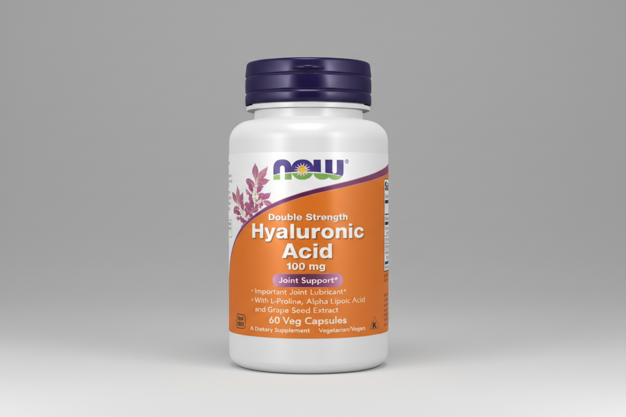 Supplement bottle of Now Foods Double Strength Hyaluronic Acid on a white background