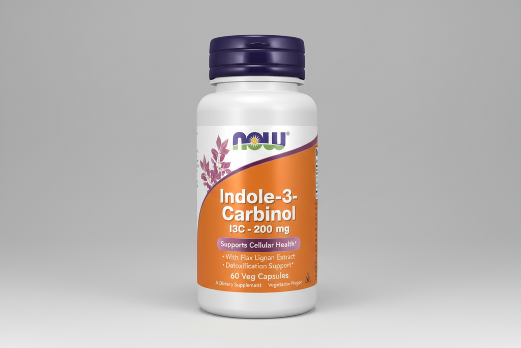 Supplement bottle labeled 'Indole-3-Carbinol' with NOW brand on a white background