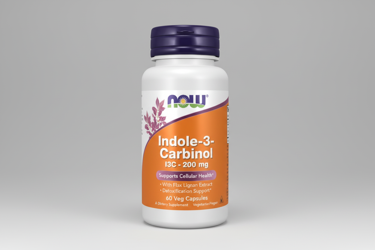 Supplement bottle labeled 'Indole-3-Carbinol' with NOW brand on a white background