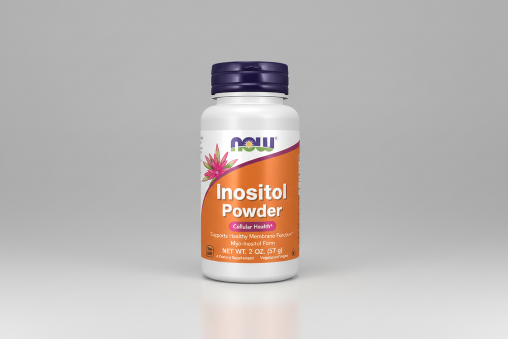 Bottle of Now Inositol Powder on a white background