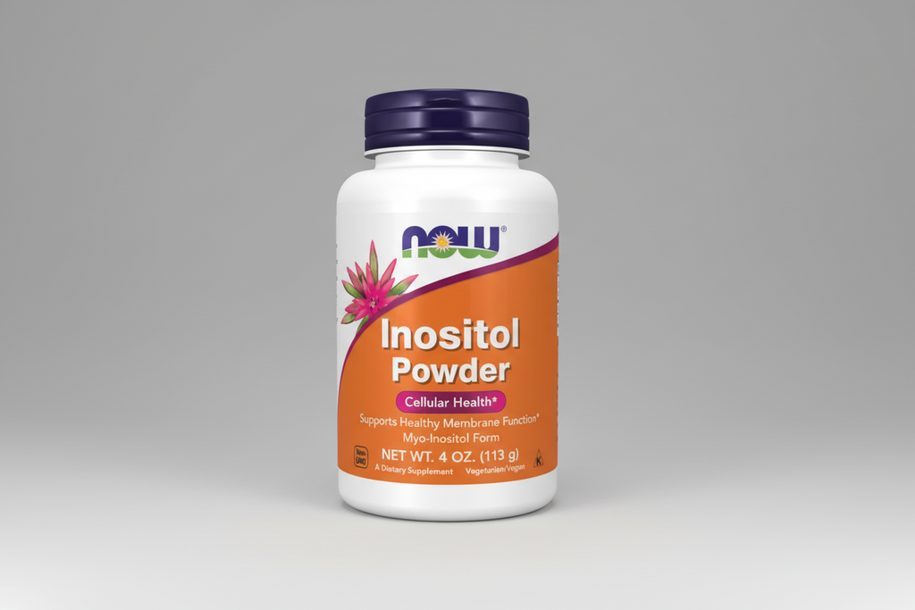 Supplement bottle labeled 'Inositol Powder' by NOW on a white background