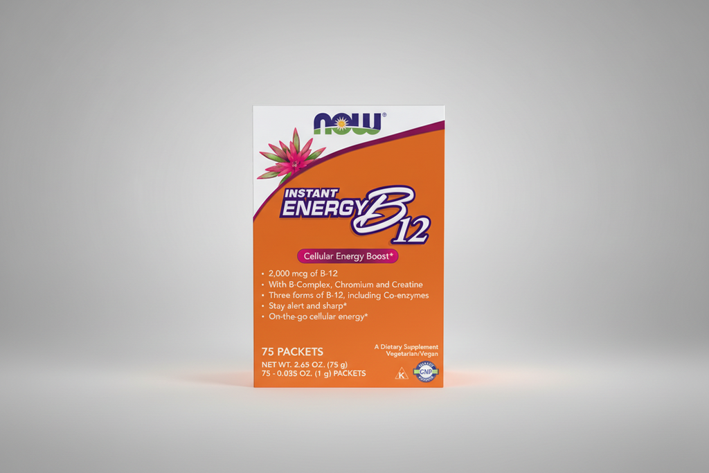 NOW Instant Energy B12 supplement packaging on a white background