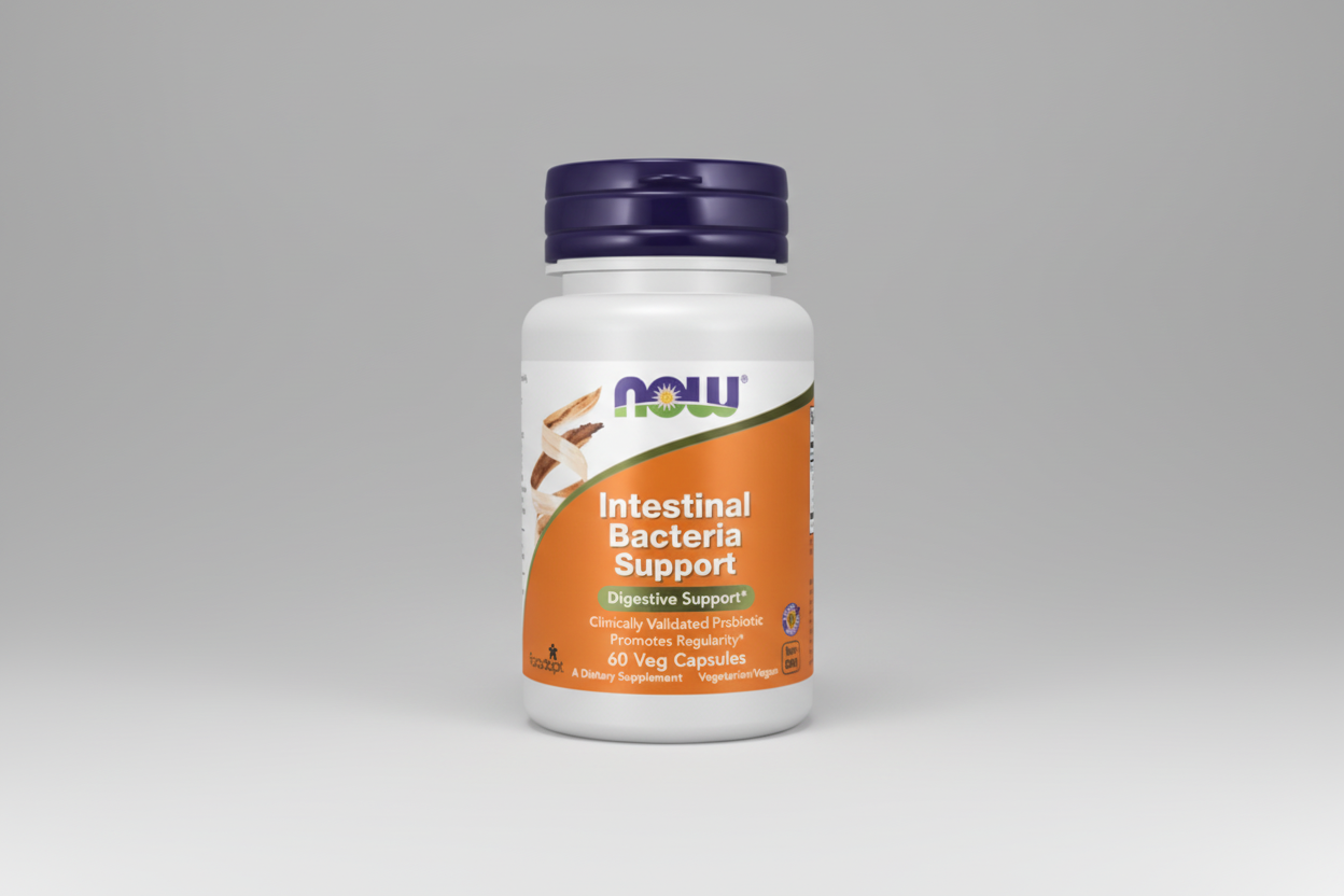 Supplement bottle labeled 'Intestinal Bacteria Support' on a white background