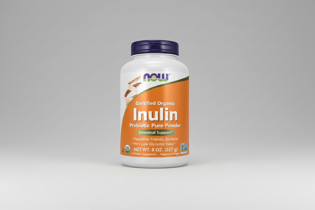 NOW Inulin powder supplement bottle on a white background