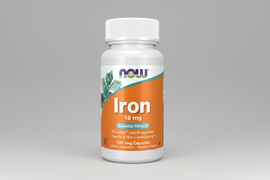 Supplement bottle labeled 'Iron 18 mg' by NOW on a white background