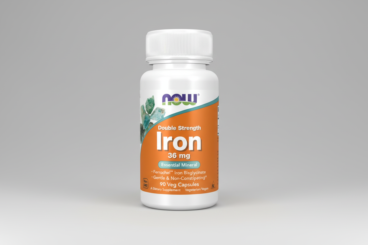 Bottle of NOW Iron supplement on a white background
