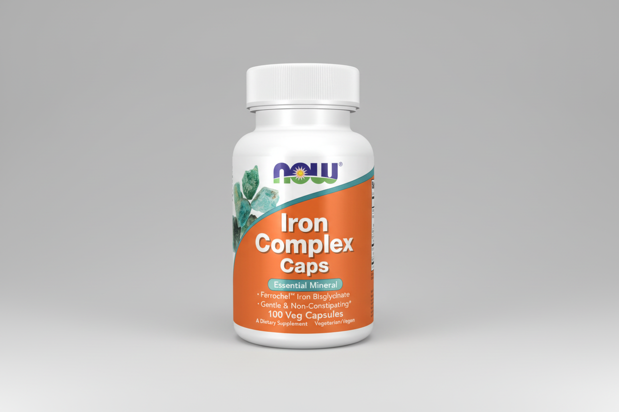Supplement bottle labeled 'Iron Complex Caps' by NOW on a white background